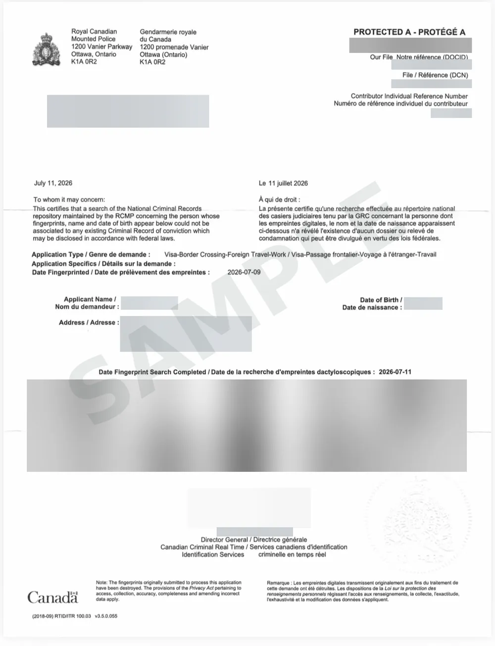 Sample RCMP criminal record check result in English and French, personal details hidden