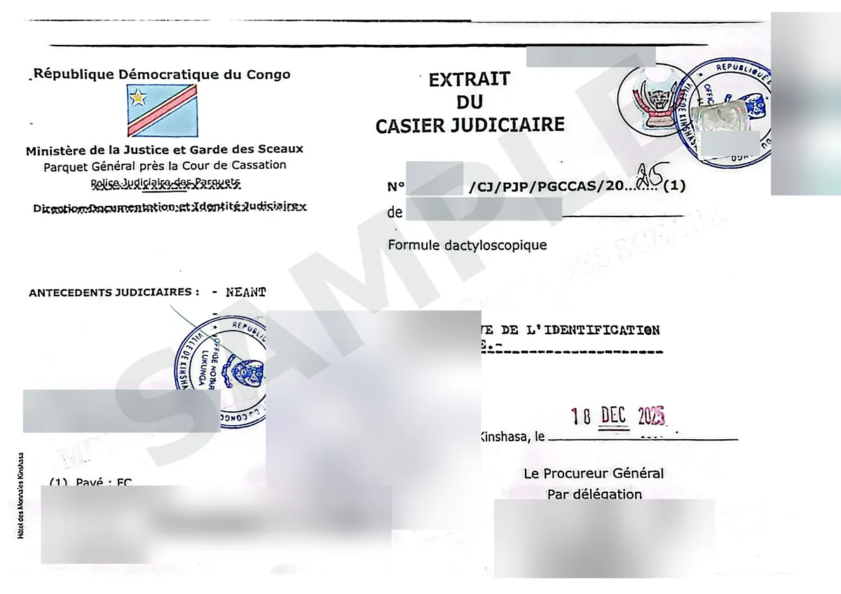 Sample extract of the criminal record from the Ministry of Justice of the Democratic Republic of the Congo, personal details hidden