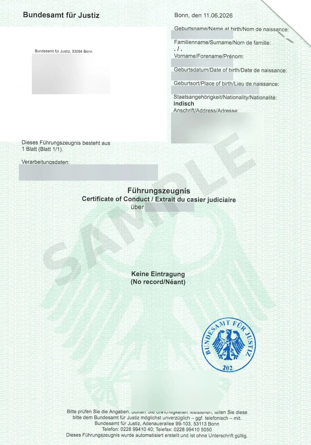 German certificate of conduct (Führungszeugnis) from the Bundesamt für Justiz, with the personal details hidden