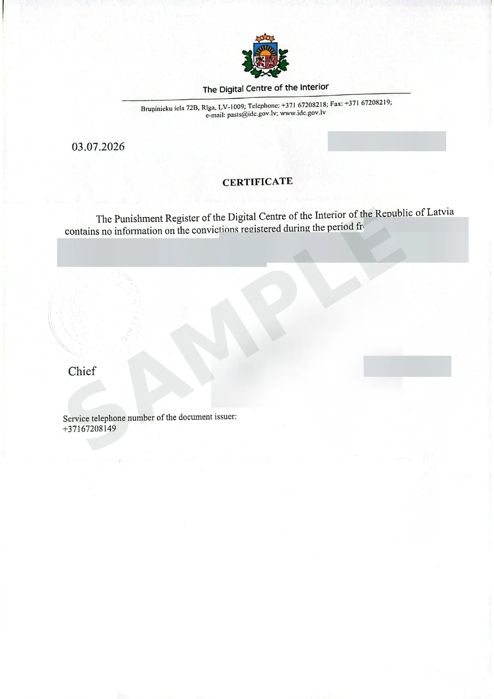 Certificate from the Punishment Register of the Digital Centre of the Interior of Latvia, with the personal details hidden