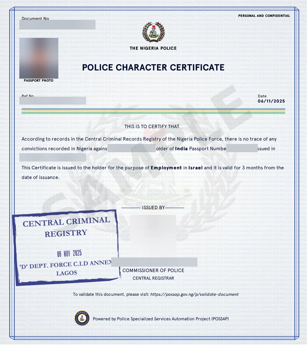 Sample police character certificate from the Nigeria Police, personal details hidden