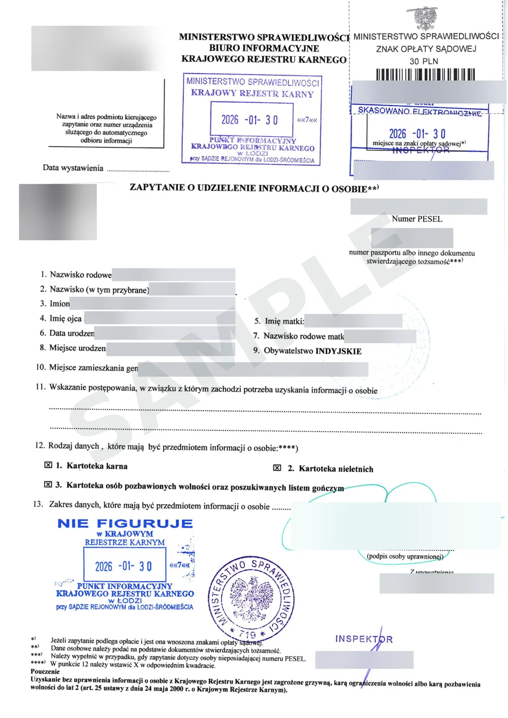 Sample information from the Polish National Criminal Register, in Polish, personal details hidden