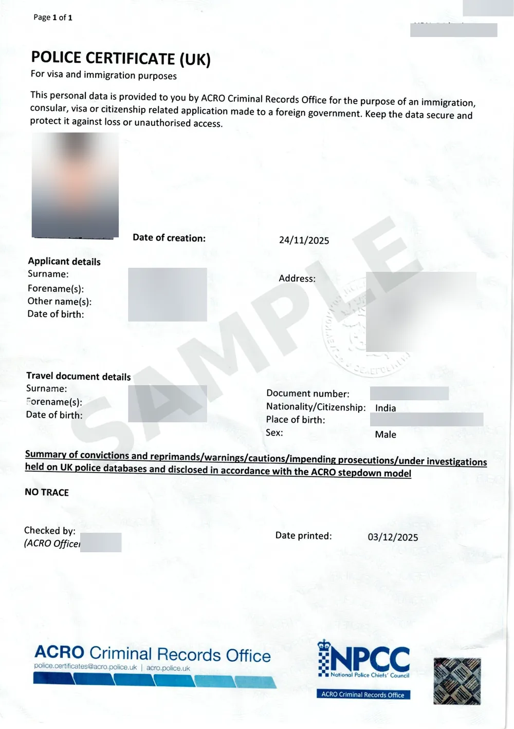 Sample UK police certificate from the ACRO Criminal Records Office, personal details hidden