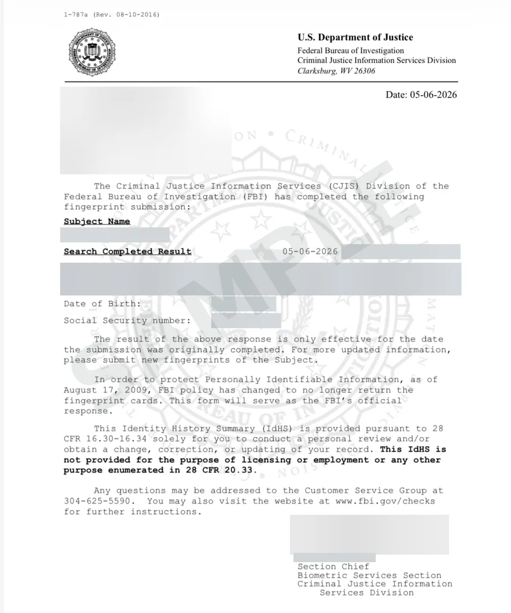 Sample FBI Identity History Summary letter, personal details and the result hidden