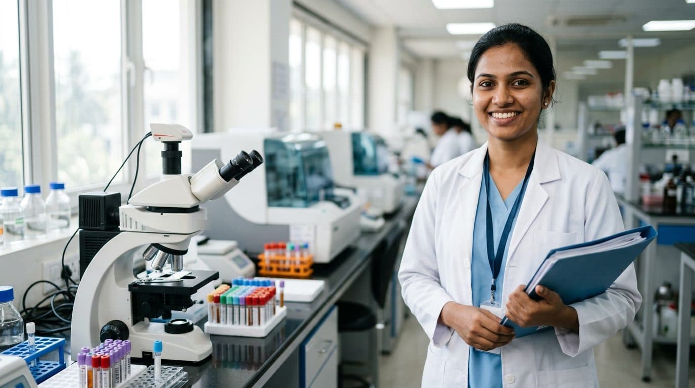 A smiling laboratory technologist in a white coat holding a folder in a hospital laboratory