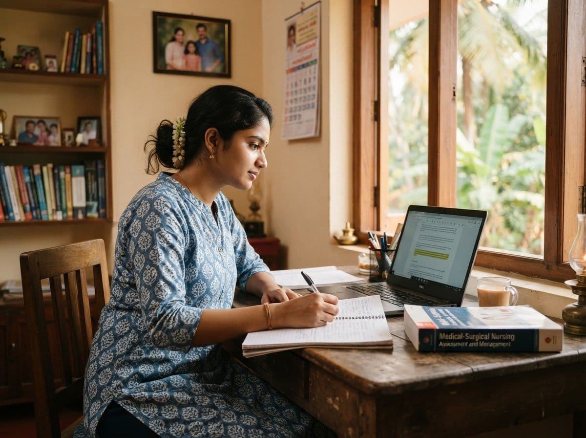A health professional studying at home with a laptop and notes