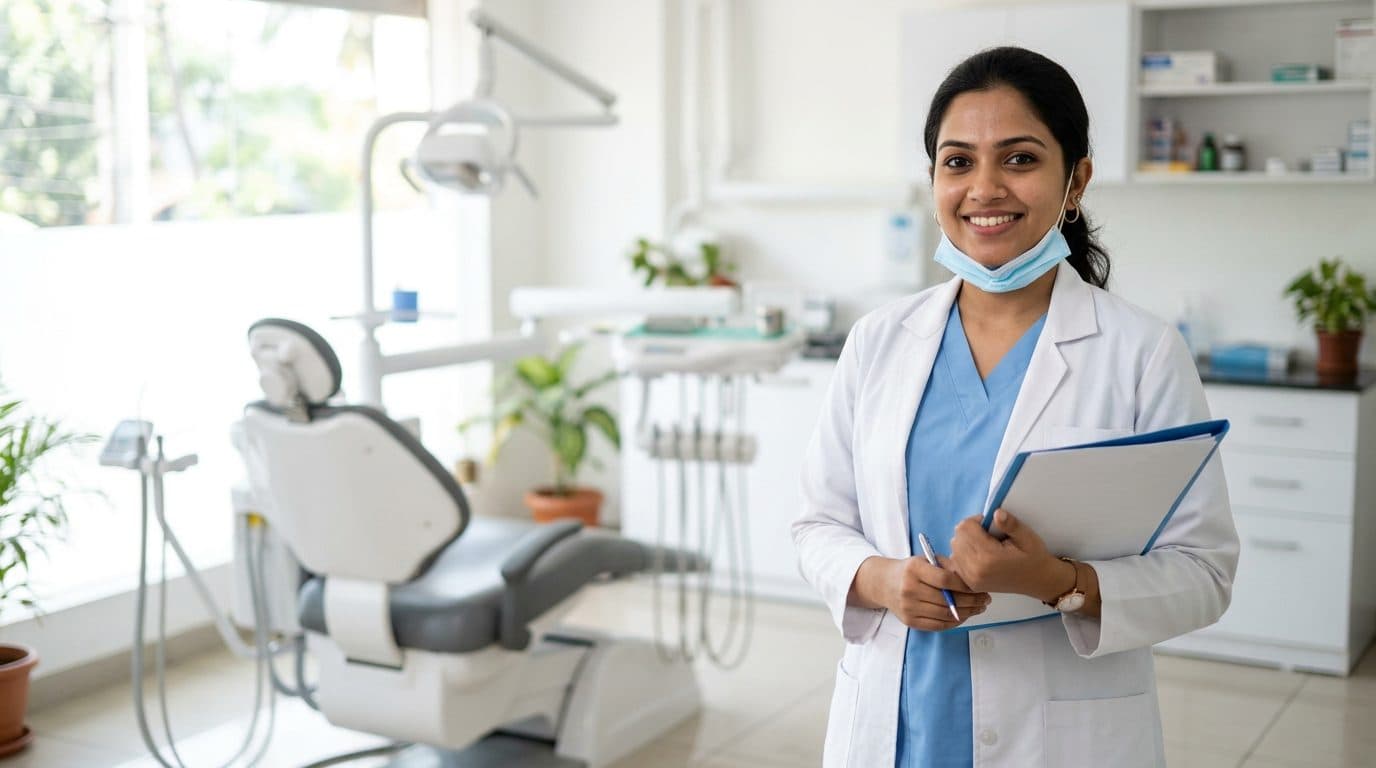 A smiling dentist in scrubs and a white coat holding a folder in a dental clinic