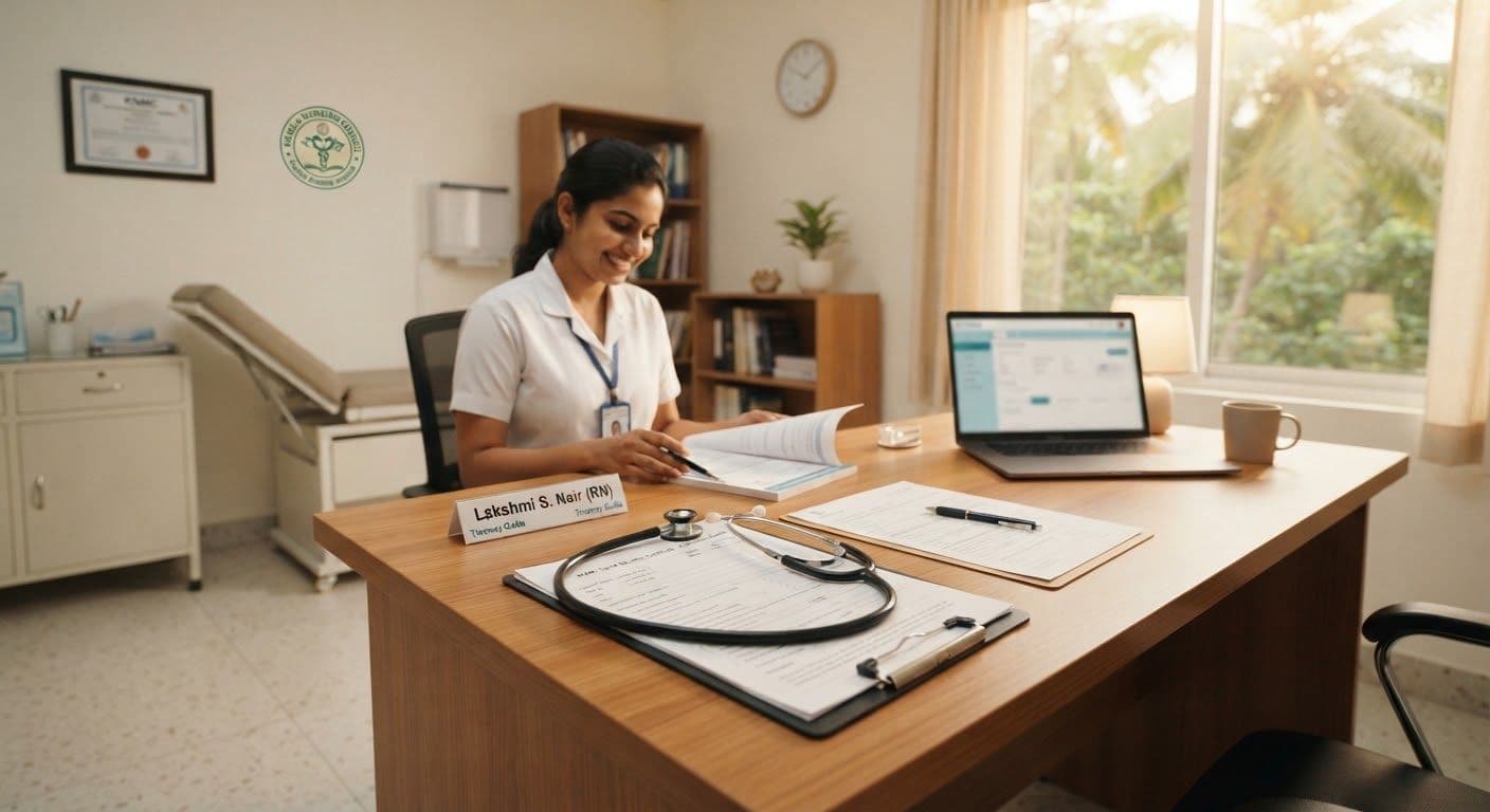 A health professional at a desk with documents and a laptop