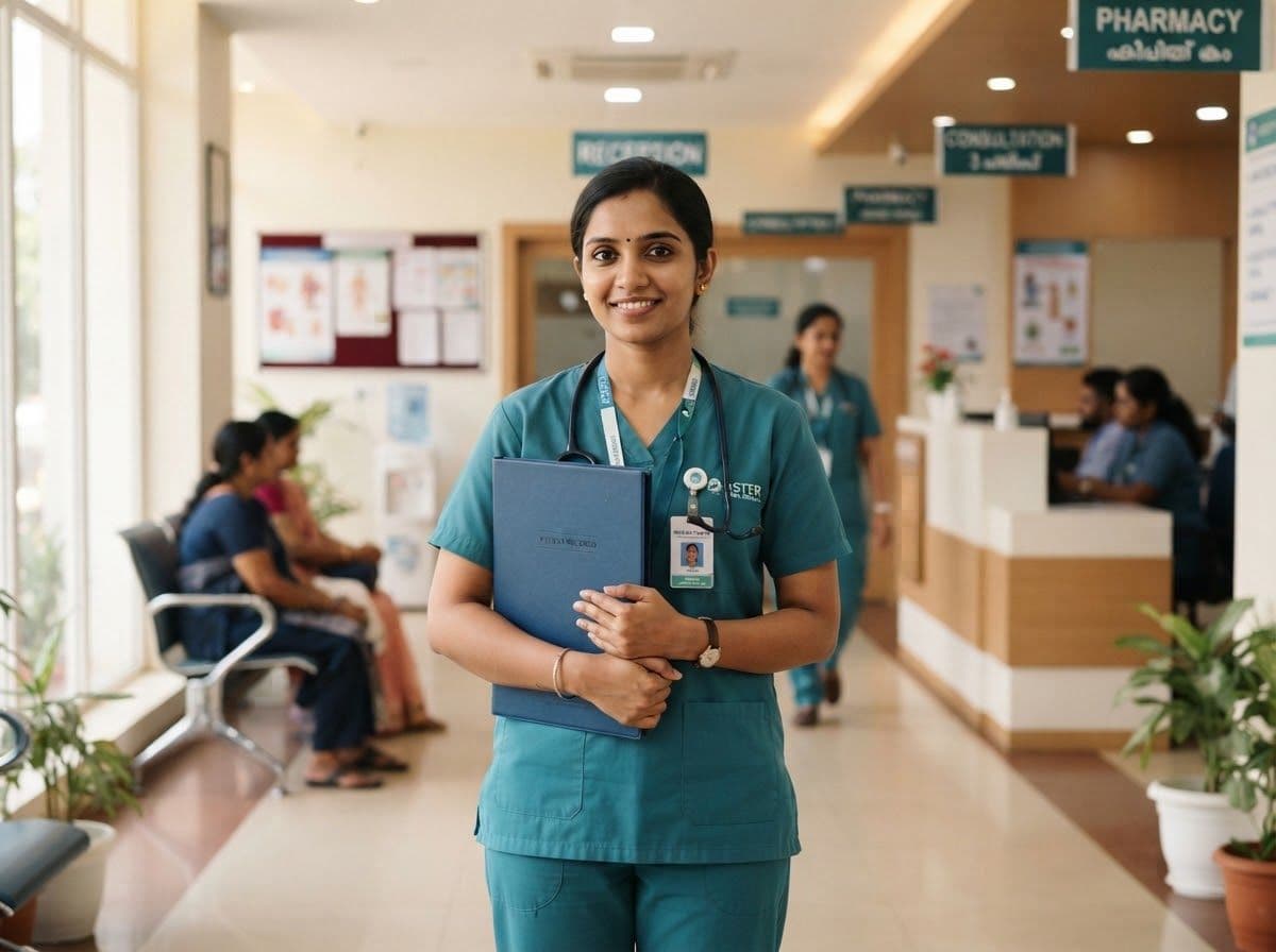 A nurse smiling at the reception of a Kerala clinic