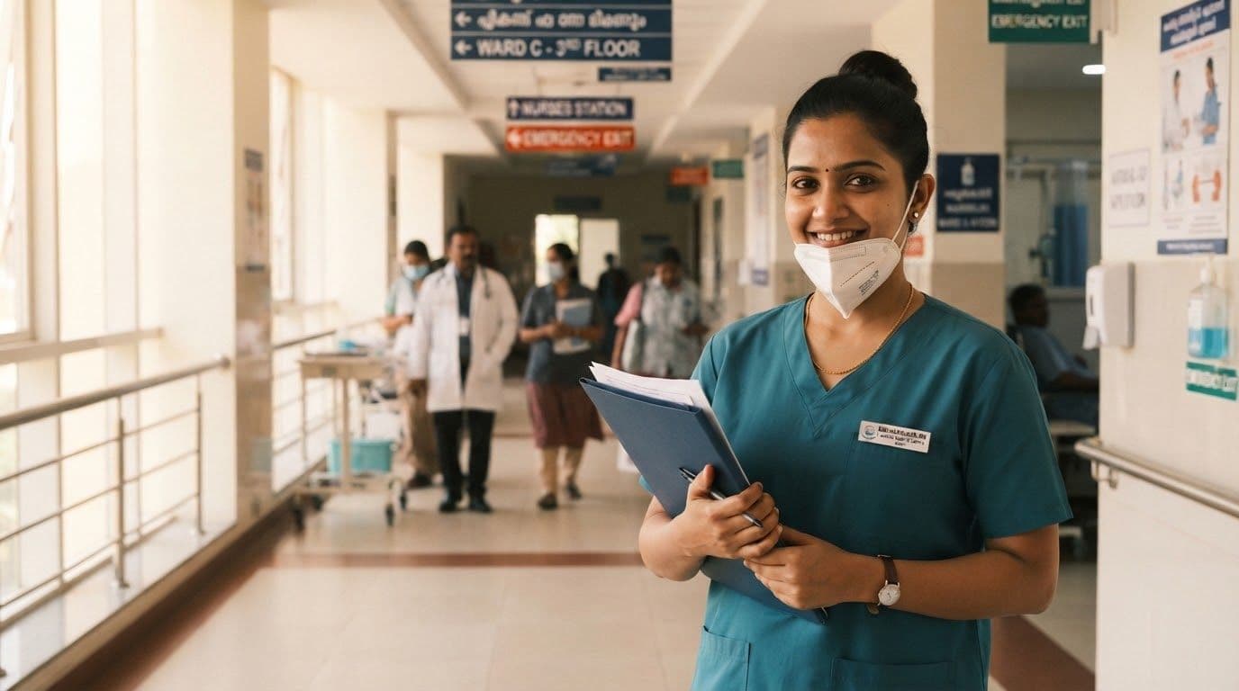 A smiling nurse in scrubs holding a patient file in a hospital corridor