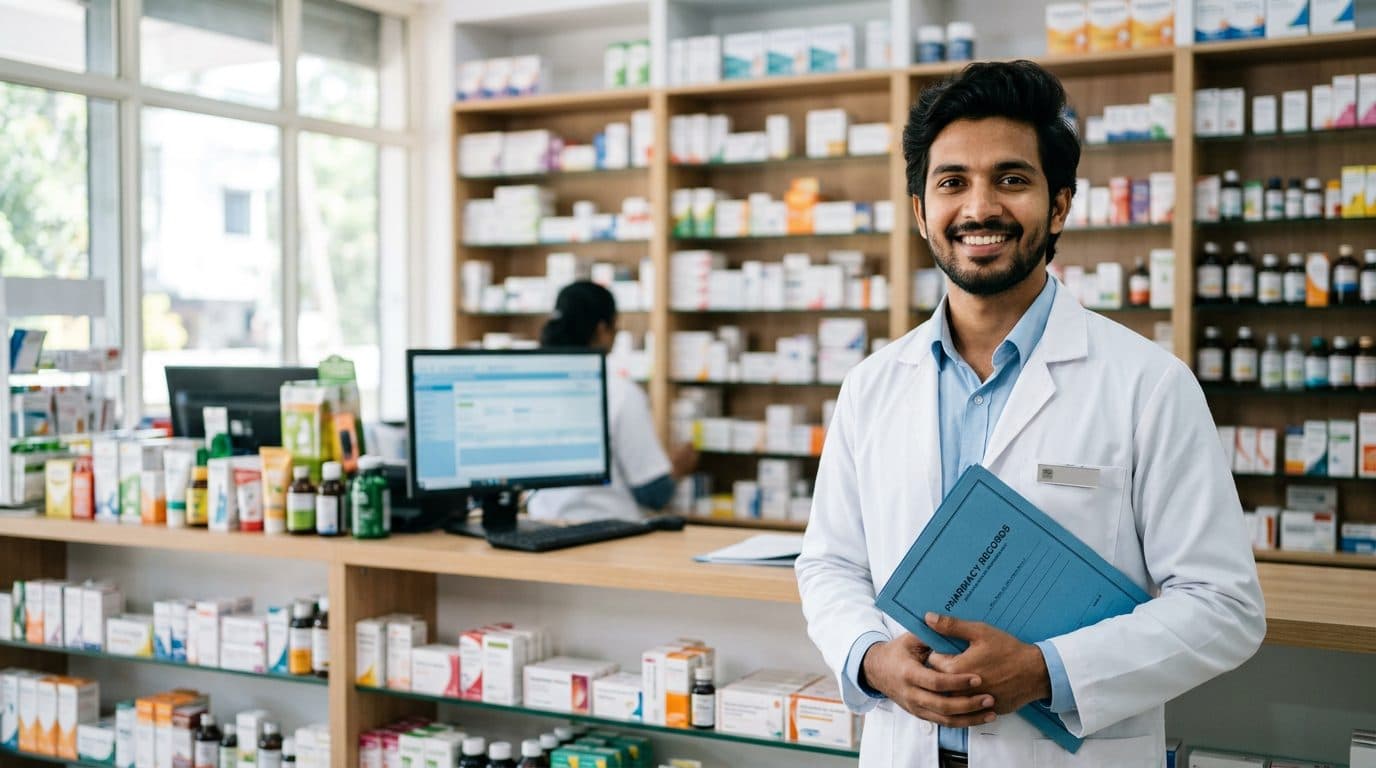 A smiling pharmacist in a white coat holding a folder in a hospital pharmacy