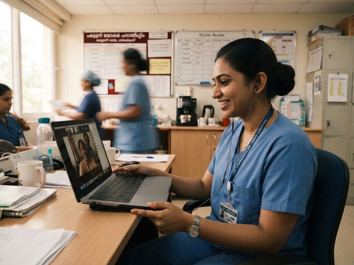 A nurse studying on a laptop in a hospital office